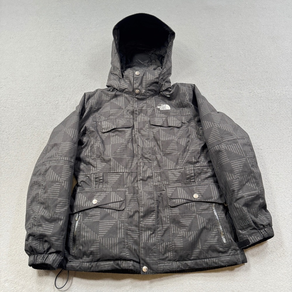 The North Face Parka Jacket Womens Medium Black Geometric Hooded HyVent 600 Down